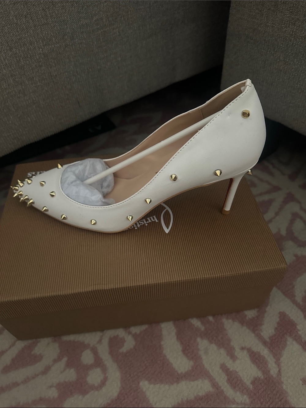 Inspired Louboutin White Pointed Toe Studded Heel Pump - Women's